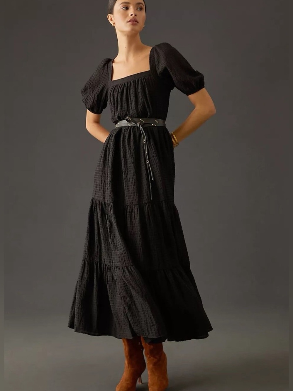 Anthropologie Black Tiered Puff-Sleeve Maxi Dress Size XS